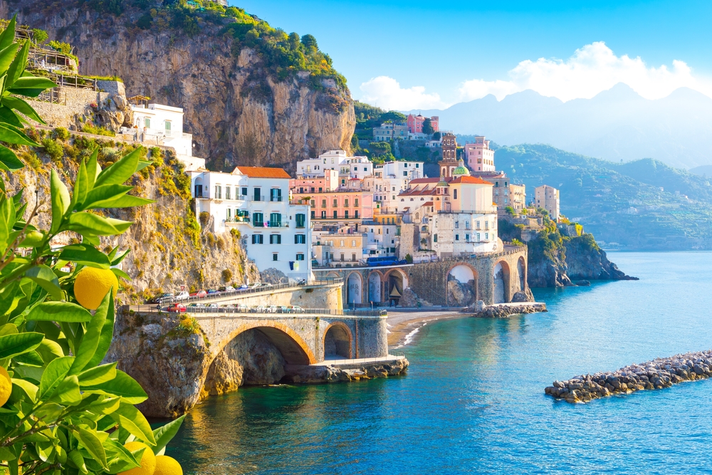 malfi cityscape on coast line of mediterranean sea, Italy.