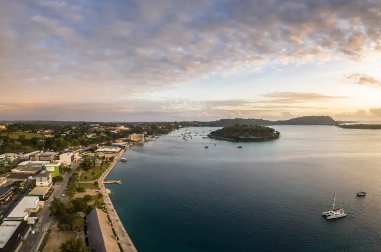 Vanuatu one of the visa free countries for Nigerians. Aerial panorama of Port Vila city and the Iririki island in Vanuatu capital city at sunset.