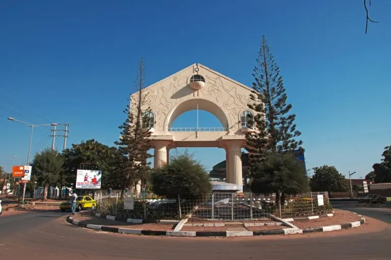 Banjul, Gambia, - 30 Dec 2021: Triumphal arch 22, Art monument in Banjul, Gambia, West Africa