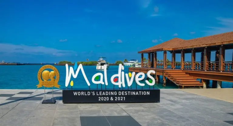 Maldives onr of the Visa on Arrival countries. travel vacation destination in Maldives, Worlds leading travel destination. Modern harbor award structure in commercial downtown district of Male city
