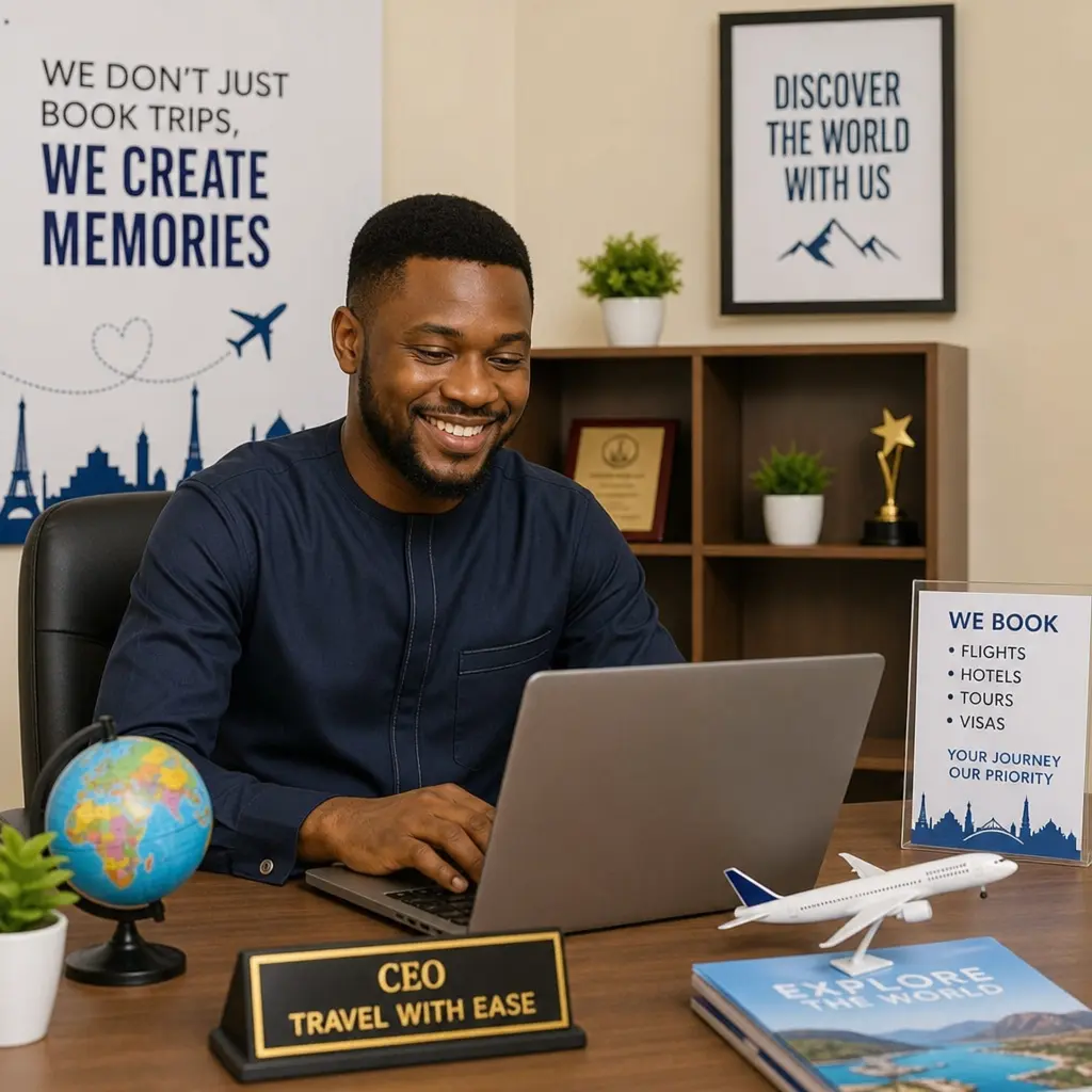 A Travel Agent in Nigeria seating in his office