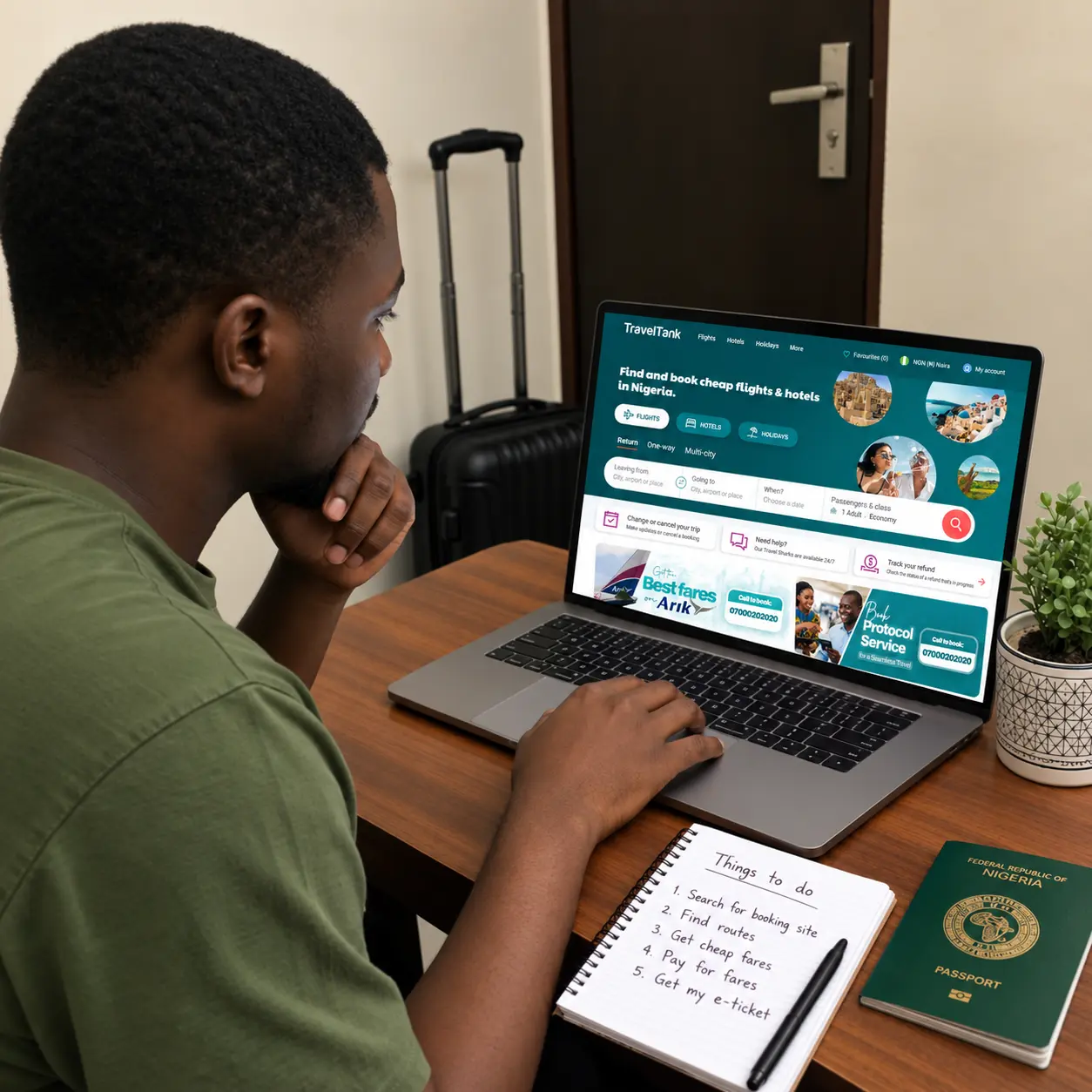 A Nigerian booking flight on their laptop